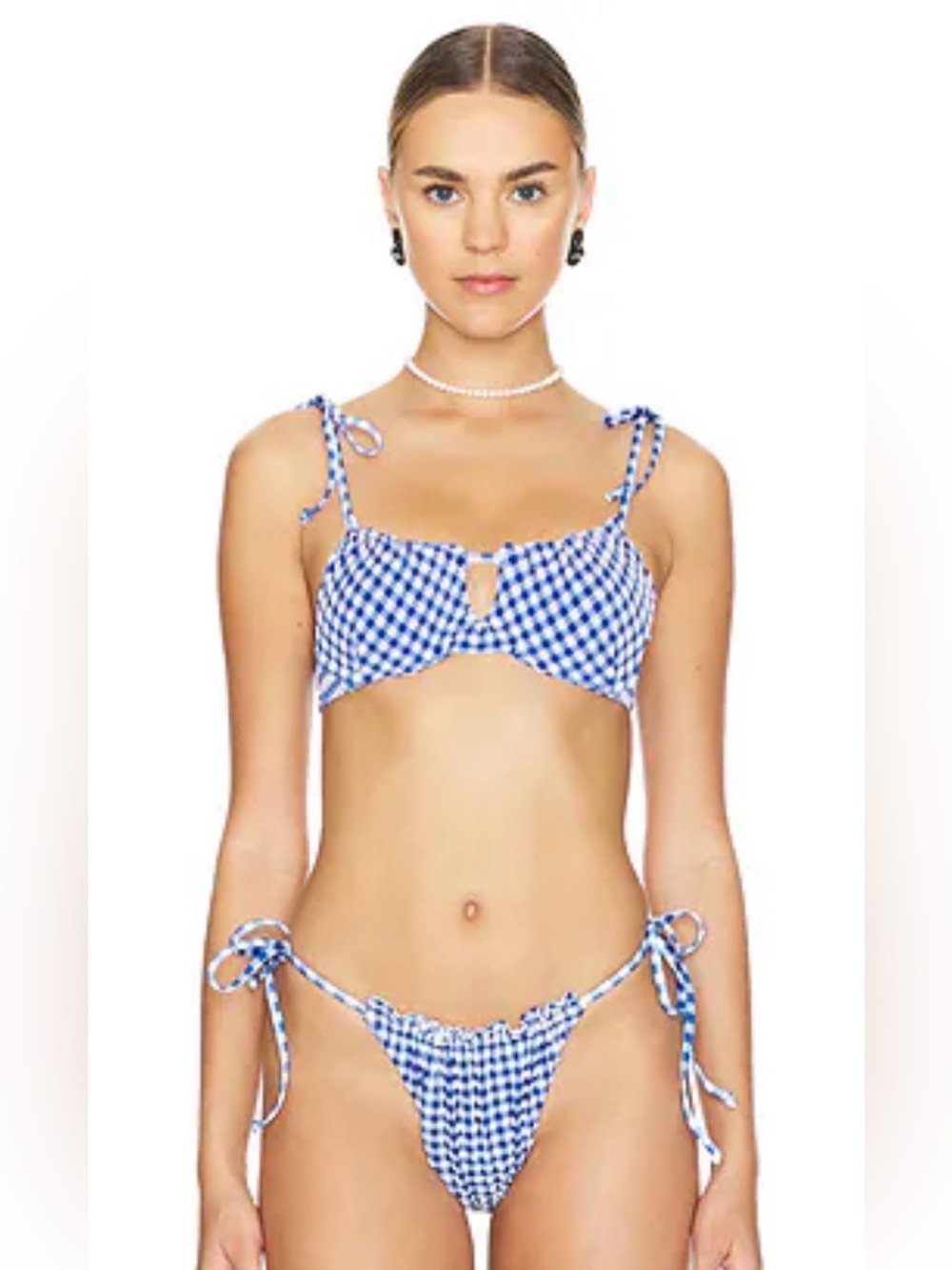 Brand New with Tags Beach Riot Blue Gingham Tie-Shoulder Bikini Set Size Medium